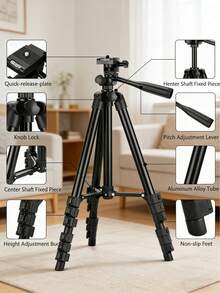 1pc Portable Camera & Phone Tripod Stand, Adjustable Aluminum Alloy For Photography, Selfie, Live Streaming, Compatible With IPhone, And Other Smartphones - Black - View 4