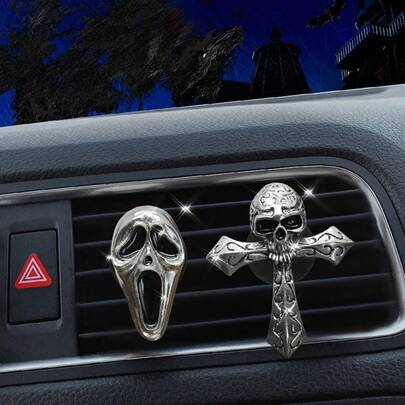 Clip decorativo vintage de metal con diseño de calavera y cruz para el conducto de ventilación del coche, clip retro metálico decorativo para el conducto de ventilación