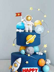 1 unidade de enfeite de bolo com astronauta, planeta espacial, foguete Saturno, palitos decorativos de plástico coloridos e reutilizáveis, artigos para festa de aniversário com tema espacial, adequado para decoração de mesa de doces e bolos infantis. - Multicolorido - Ver 1