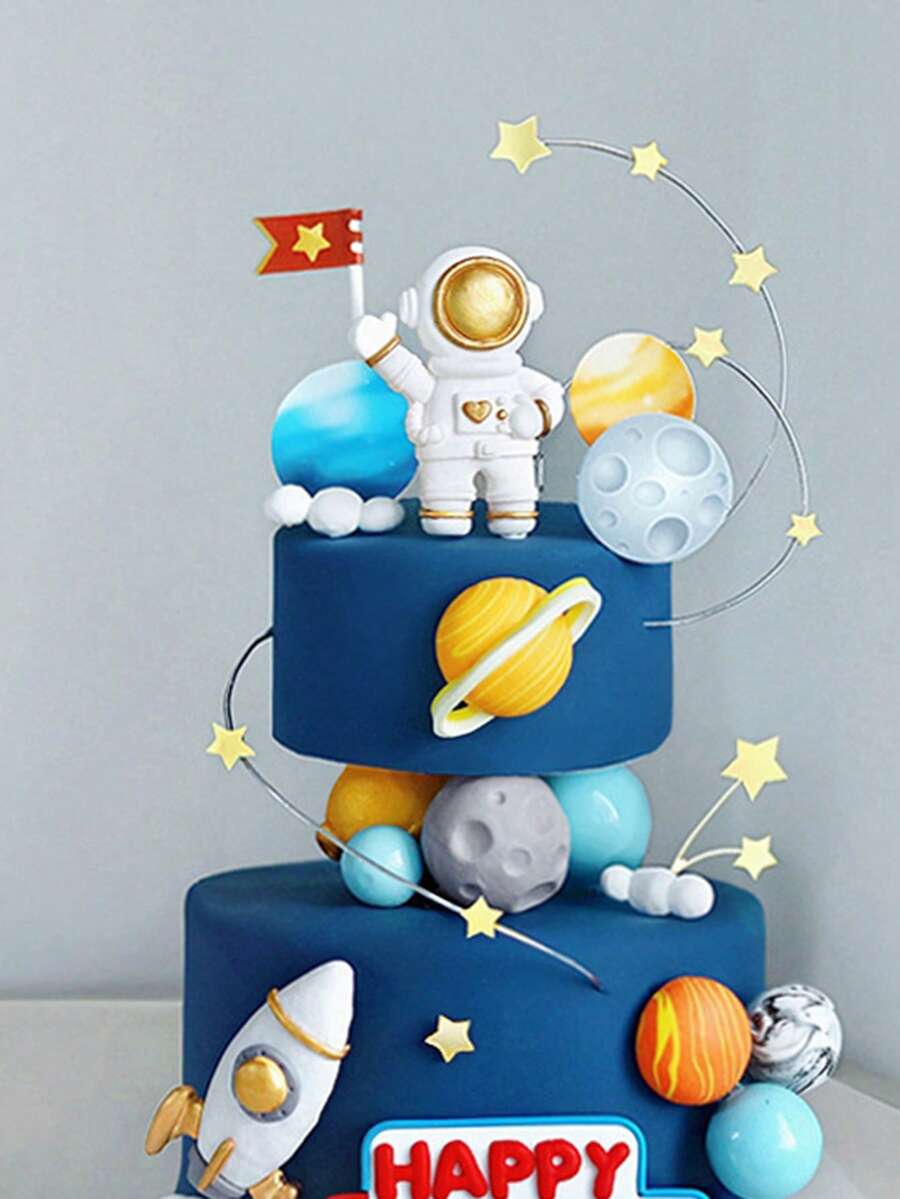1 unidade de enfeite de bolo com astronauta, planeta espacial, foguete Saturno, palitos decorativos de plástico coloridos e reutilizáveis, artigos para festa de aniversário com tema espacial, adequado para decoração de mesa de doces e bolos infantis. - Multicolorido - Ver 1