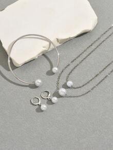 1 Set Women's Silver Faux Pearl Design Necklace + Bracelet + Earrings Jewelry Set, Suitable For Daily Wear - Silver - View 6