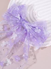 1个紫色花朵蝴蝶结发夹，优雅网纱蝴蝶结发夹，大号发饰，白色和紫色花朵装饰，时尚派对大号发夹，适合女孩和青少年 - 印花蝴蝶結髮夾 - 查看 3