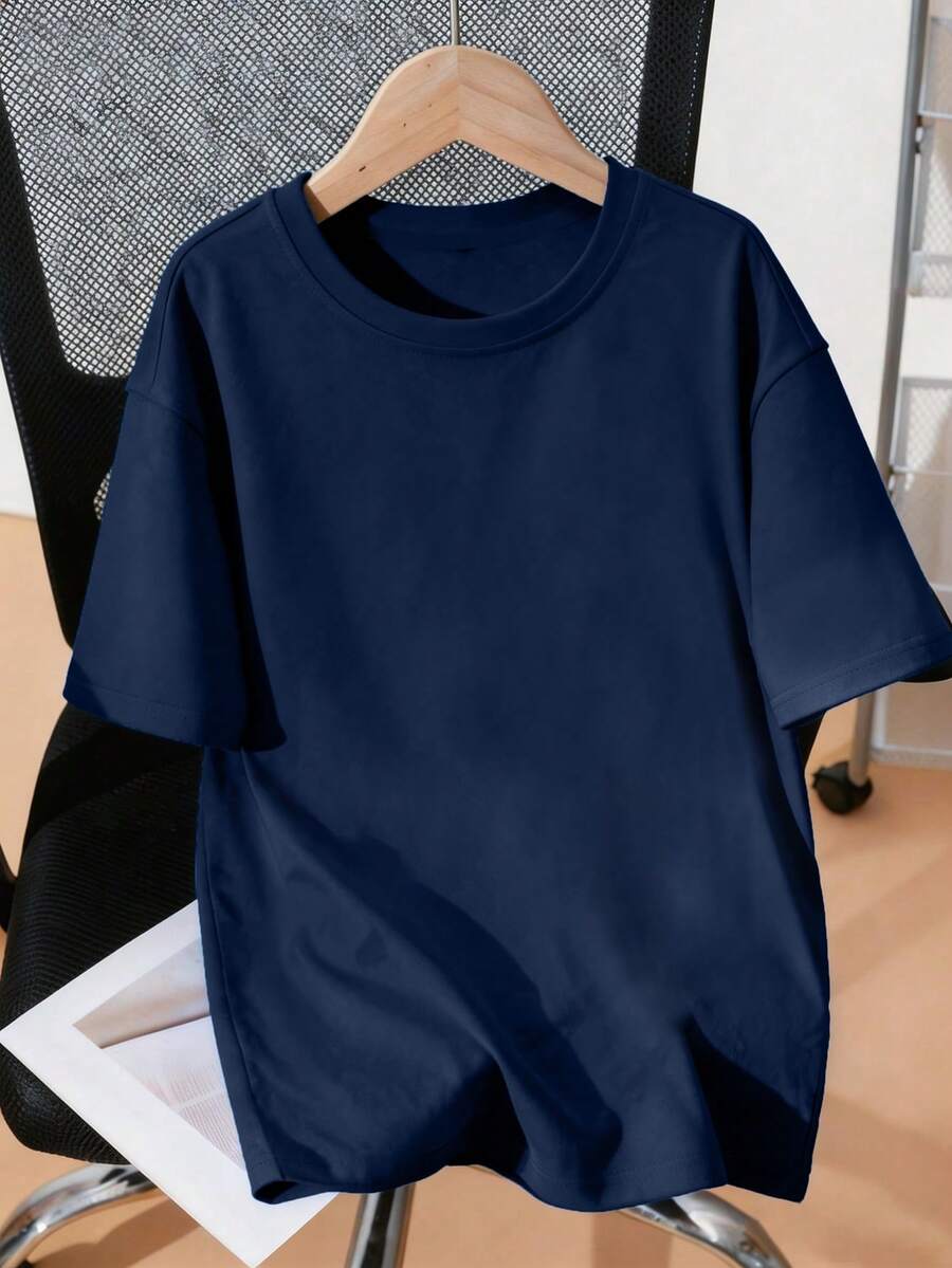 适合青少年男孩的夏季印花圆领T恤 - 藏蓝色 - 查看 1