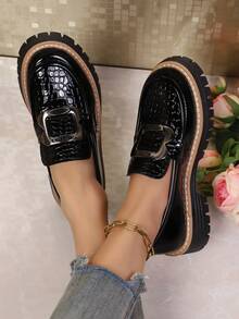 Women's New Thick Sole Loafers, Fashion Versatile Buckle Leather Shoes, Flattering Slip-On Shoes For All Seasons - 816 Black - View 6