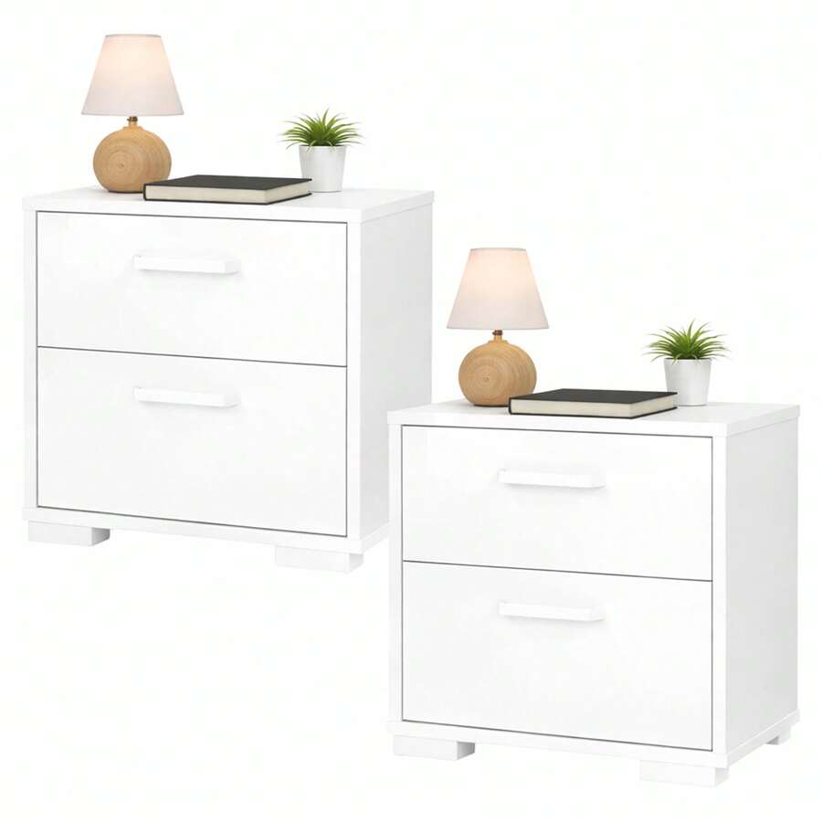 Well Home Set Of 2 Eria Gloss White Nightstands, Side Tables With 2 Drawers In Gloss White 41 X 40 X 45 Cm - High Gloss White - View 1