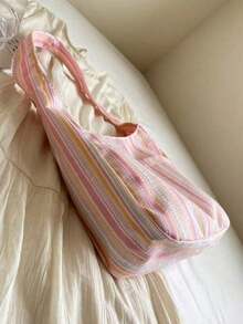 Large Capacity Women's Canvas Tote Bag, Shoulder Bag, Casual Striped Fabric Handbag, Pink - Pink - View 5