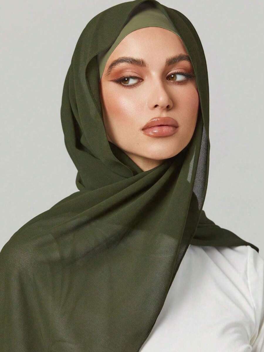 2pcs Women Scarf Tie Headband Combo, Versatile Undershirt Cap Set, Hijab Middle East Abaya Matching, Elastic Undercap Chiffon Scarf Hat Casual Suit - Army Green - View 1