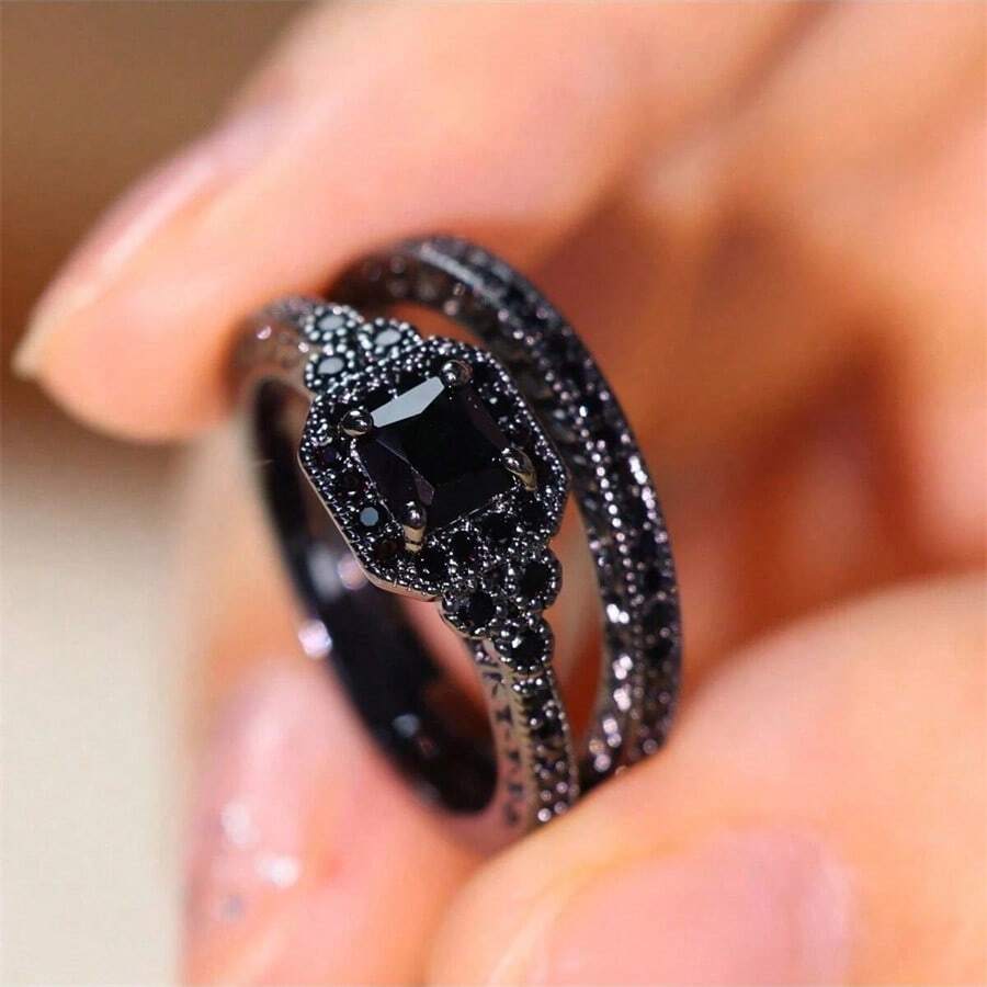 2 piezas Anillos de mujer con encanto estilo gótico de cobre y circonita - Negro - Ver 1
