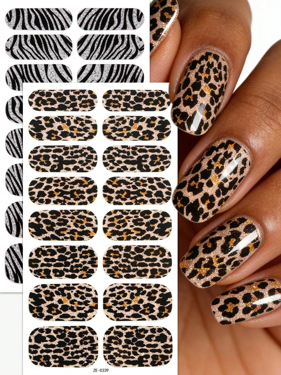 2pcs/Pack Spring/Summer Leopard Print Nail Stickers, Shiny Zebra Pattern Sweet & Cool Style Nail Decals, Easy To Use, Suitable For Women DIY Home Manicure - Multicolor - View 1