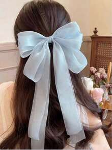 1pc Blue Mesh Super Large Double-Layer Shiny Ribbon Bow Hairpin With Spring Clip, Elegant And Gentle Spring Hair Accessory - Light Blue - View 4