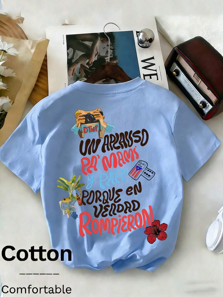 2026 Women's Spring/Summer New Arrivals: Spring/Summer T-shirts, Girls' T-shirts, White Tops, Spring/Summer Women's Clothing, Printed T-shirts, Printed Tops, Cotton Tops, High-Quality T-shirts, Blue T-shirts, Retrole, let, Retroy, Blue T-shirts, Retroy, Millennial Style, Y2K, Punk Style, Distressed Style, Minimalist Style, Simple Style, Casual Style, Everyday Style, Vacation Style, Printed with Fun Patterns - 藍色 - 查看 1
