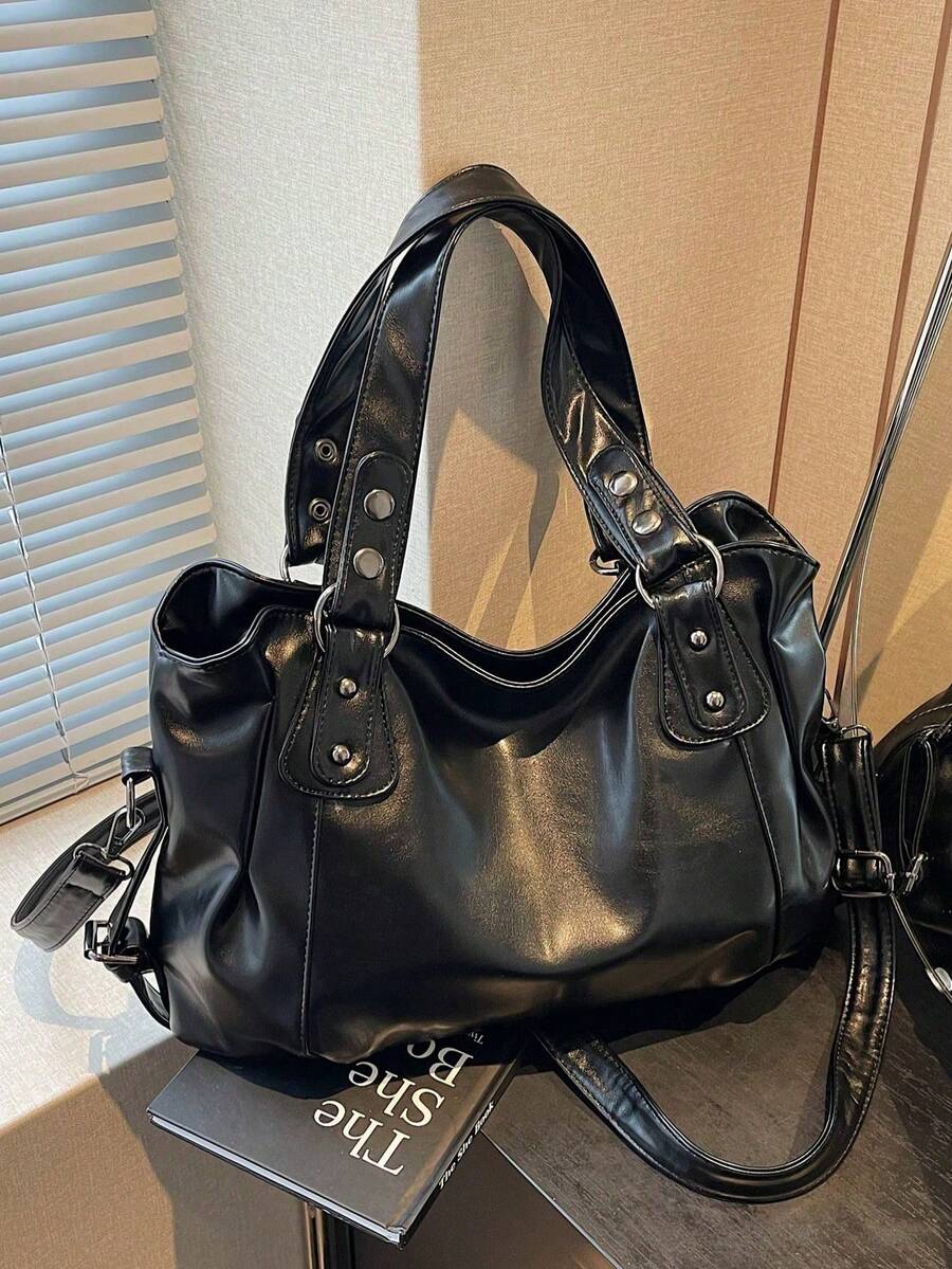 1pc Vintage Large Capacity Tote Bag, Vintage PU Crossbody Sling Bag, Women Casual Handbag And Wallet Set, Tote Bags For School,College Essentials, Street & Japanese Bag For Women New Fashionable Big Bags For Women, New Arrival Tote Bags For Woman , Office Bag , Y2k - 黑色 - 查看 1