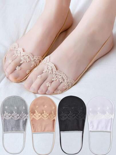 Invisible Boat Socks For Women No-Show Female Low Cut Summer Thin Transparent Lace Half Palm Suspender Sock