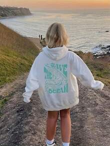 Plus-Size Women's Winter Casual Sports Hoodie, One-Piece Women's Fashion Hooded Sweatshirt With Dolphin, Seaside, World, Fish, English Letter Print - White - View 1