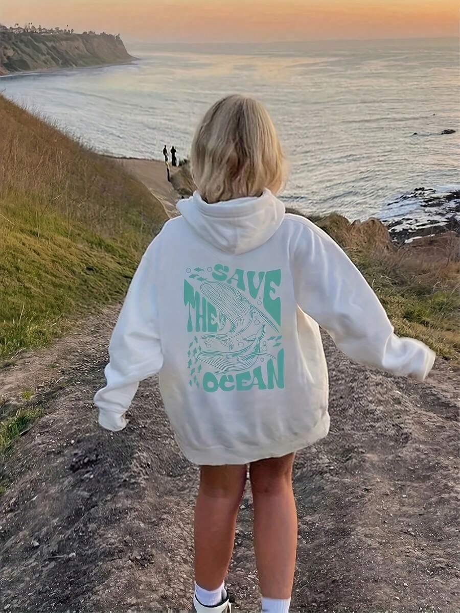Plus-Size Women's Winter Casual Sports Hoodie, One-Piece Women's Fashion Hooded Sweatshirt With Dolphin, Seaside, World, Fish, English Letter Print - White - View 1