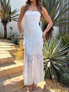 Unadoll 女士春夏法式优雅白色提花细肩带收腰美人鱼长裙，带衬里，露背交叉系带细节，适合度假婚礼宾客穿着 - 白色 - 查看 7