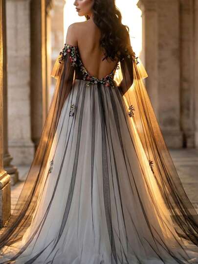 1件蕾丝花卉黑色长款新娘披肩，薄纱袖婚纱披肩，婚礼派对礼服配饰