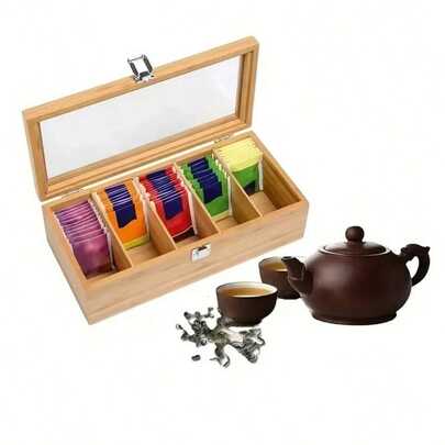 1pc Bamboo Tea Bag Organizer With Transparent Acrylic Lid - Multi-Compartment Storage Box For Tea, Coffee, And Desk Supplies, Natural Wood Finish, Colorful Tea Bag Display, Perfect For Kitchen Or Office Organization, Tea Storage, Shelf Baskets