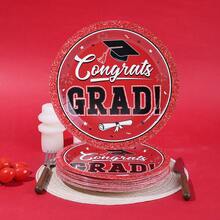 10pcs/20pcs/50pcs Red Graduation Party 9-Inch Disposable Paper Plates, Red & Black "Congrats Grad" Tableware, Red Glitter 2026 Graduation Party Plates With Mortarboard & Diploma Pattern, Suitable For High School & College Graduation Party, Commencement Night And Ball Celebration - Red - View 1
