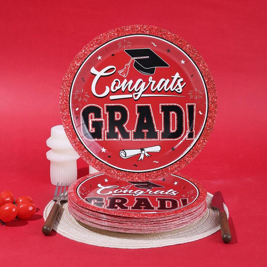 10pcs/20pcs/50pcs Red Graduation Party 9-Inch Disposable Paper Plates, Red & Black "Congrats Grad" Tableware, Red Glitter 2026 Graduation Party Plates With Mortarboard & Diploma Pattern, Suitable For High School & College Graduation Party, Commencement Night And Ball Celebration - Red - View 1