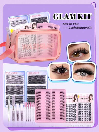 LUCK LTGIRL 730 (590+80+60) Clusters False Eyelashes + 20 Pairs Half Eye Lashes, Natural & Volumizing, Eye-Enlarging Eyelash Extension Set - Multi-Style Portable Makeup Lash Kit, Including Cluster Lashes, Half Lashes, Lash Glue, Remover, Tweezer, Brush - Suitable For Beginners, Makeup Essential, Travel-Friendly