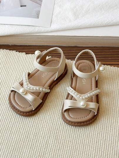 Girls' Princess Shoes, Toddler Girls' Versatile Fashion Pearl Decor Flat Sandals, Spring/Summer Girls' Hook And Loop Dress Sandals