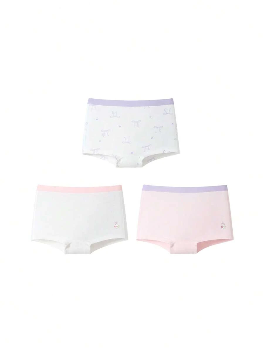 Annil [3A Antibacterial] 3-Pack Girls' Pure Cotton Crotch Panties - Cloud-Like Soft And Breathable Boxer Briefs For Medium And Large Children - Combination 02 (White With Purple Flowers + Porcelain Pink + Off-white) - View 1