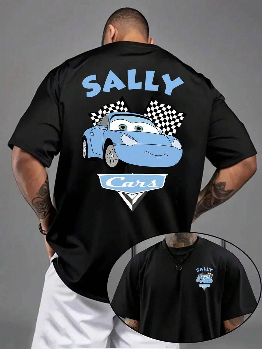 Disney Official Licensed Vintage Wash Cars Sally Carrera Cartoon Print 220g Cotton Crew Neck Tee - 黑色 - 查看 1