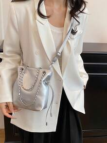 PU Fashionable Women's Shoulder Bag, Adjustable Chain Strap Crossbody Mini Bucket Bag, Suitable For Dates And Shopping - Silver - View 3