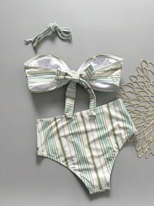 New Arrival Spring/Summer Beach Pool Party Fashion Sexy Striped Floral Bow Strapless Detachable Strap High Waist Tankini Swimwear For Women Vacation - Blue and White - View 3