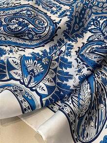 1条70*70厘米方形真丝围巾，女士缎面印花头巾，颈巾，发带，时尚女士披肩，围巾 - 藍白色大腰果 - 查看 2