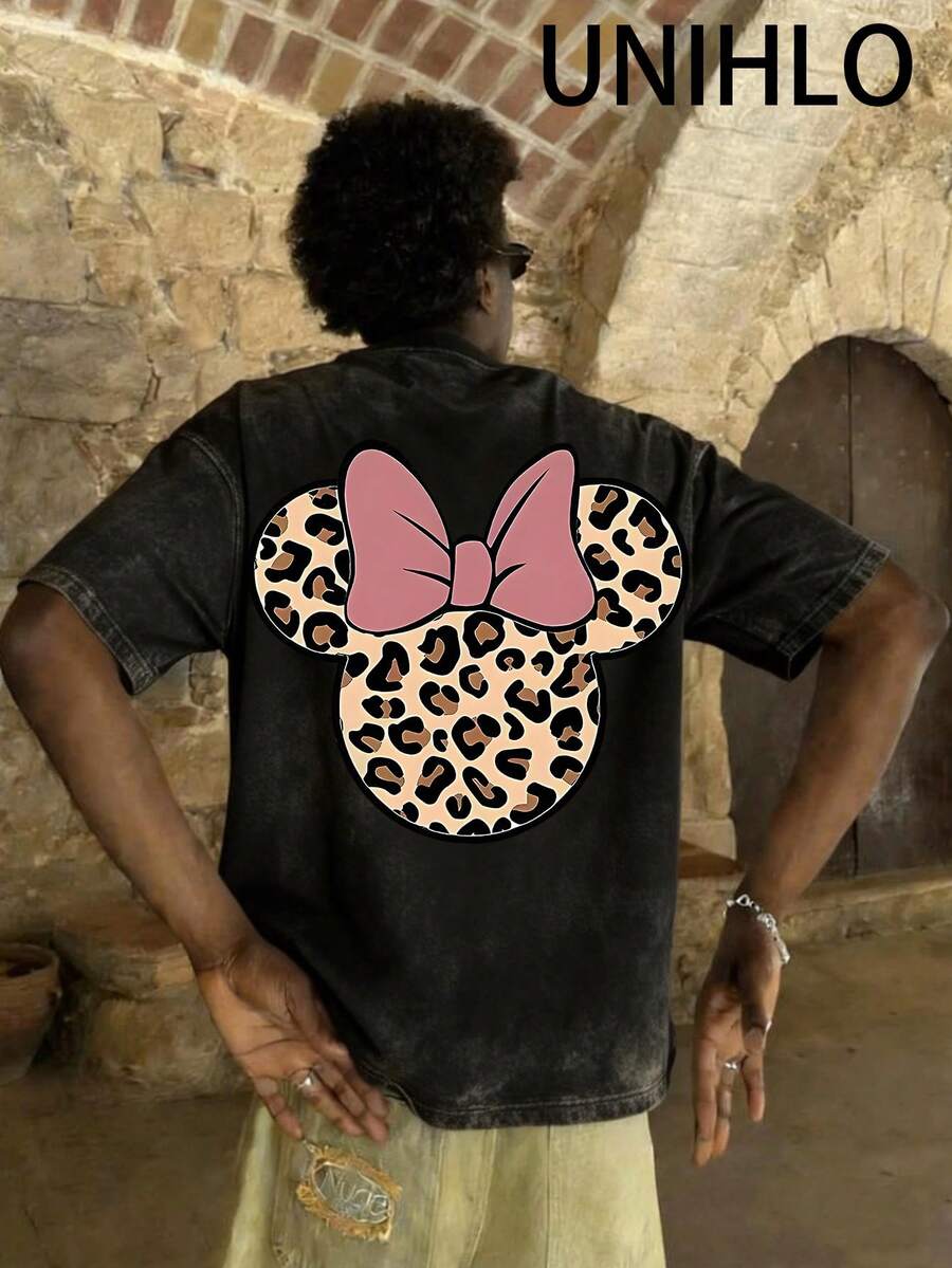 Disney UNIHLO  Stitch  Printed Summer Heavyweight Retro Washed Street Fashion Casual T-Shirt - Black - View 1