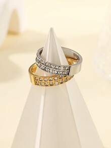 2pcs Stainless Steel Fashion Minimalist Gold-Tone Rings Set, Inlaid With White Rhinestones, Suitable For Women's Daily Wear Or Gift - Multicolor - View 3