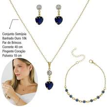 Women's Set: Bracelet, Chain, Pendant, And Heart Earrings, 18k Gold Plated Costume Jewelry - 寶藍色 - 查看 3