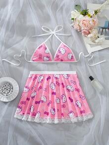 SANRIO 两件套女士粉色可爱数字印花睡衣套装，包括粉色V领上衣和短裤，饰有撞色蕾丝边，性感睡衣套装 - 粉色 - 查看 4