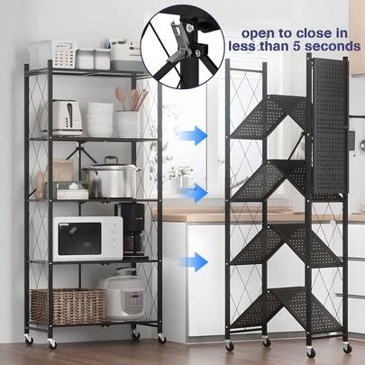 3/4/5 Tier Foldable Storage Shelves With Wheels, Large Capacity Shelving Unit, Freestanding Metal Wire Shelf Rack, No Assembly Organizer Rack For Garage Kitchen, Basement, Pantry(Black)