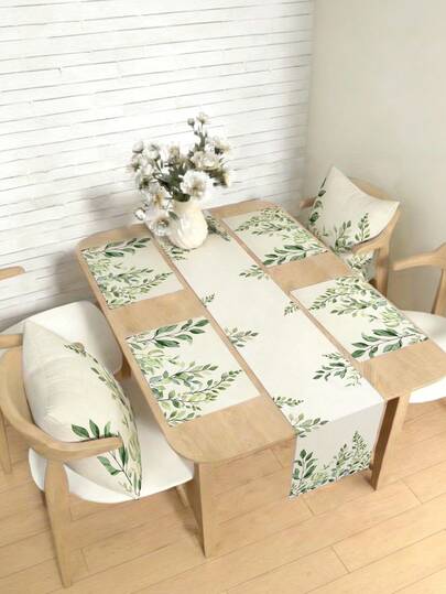 1/4/5/6/7pcs Spring Style Sage Green Eucalyptus Leaf Pattern Home Decor Set, Living Room Decor Set, Bedroom Decor Set, Dining Room Decor Set, Linen-Like Material, Multiple Sizes Available, Dining Table Decor, Fireplace Scarf, Placemats, Coasters, Home Decoration