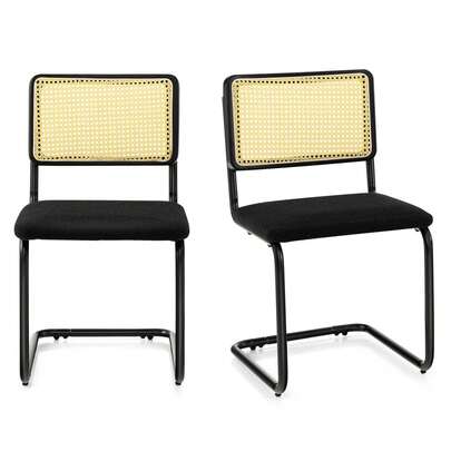 COSTWAY 2 Pieces Mid-Century Modern Dining Chair, Cane Back Side Chairs W/ Cantilever Design, Upholstered Seat, Metal Legs, Armless Rattan Dining Chair For Kitchen,. Dining Room, Living Room, Black