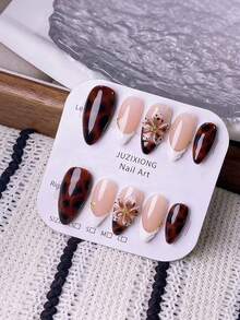 10片手工美甲贴纸，可拆卸亚克力杏仁形美甲贴，可爱简约设计，包括酒红色、豹纹、白色法式尖头、3D立体花卉雕刻、手绘图案，适合新年、情人节、派对、节日等场合。 - 彩色 - 查看 3