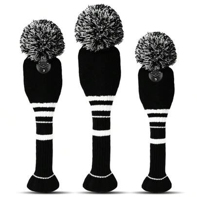  FINGER TEN Pom Golf Head Covers 1 Pack For Driver Fairway Hybrid, Stylish Colors Options Pom Stripes Pattern With Long Neck Design & Interchangeable Number Tag For Easy To Identify