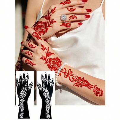 2 Pcs Retro Gorgeous Floral Vine Mehndi Tattoo Stencils, Covering From The Back Of The Hand To The Forearm, Featuring Layered Flowers And Scroll Patterns For An Exotic Style, Ideal For Henna Art, Parties And Exotic Looks, Easy To Apply Without Skills