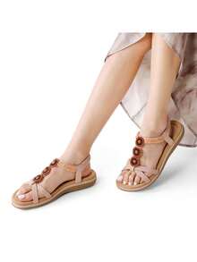 Comfortable Dressy Summer Flat Sandals For Women, Cute Elastica Ankle Strap Ladies Elegant Bohemian Vacations Beach Sandals - Hồng - Xem 3