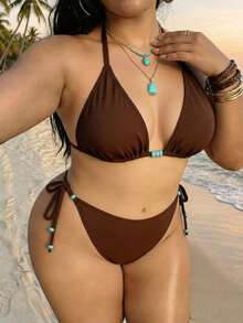 大码女士纯色串珠两件式比基尼，适合春夏海滩、泳池派对、毕业典礼、生日、舞会等场合 - 棕色三角杯系带时尚泳衣 - 棕色 - 查看 6