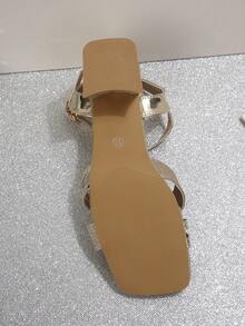 女士时尚亮面粗跟方头高跟凉鞋，适合派对、婚礼及其他场合 - 金色 - 查看 8