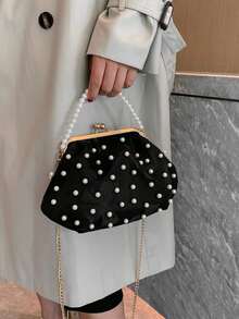Pearl Chain Crossbody Bag, Fashionable Clutch Purse, Elegant Handbag Suitable For Daily Use, Phone Pouch, Date, Gift, Evening - Black - View 3