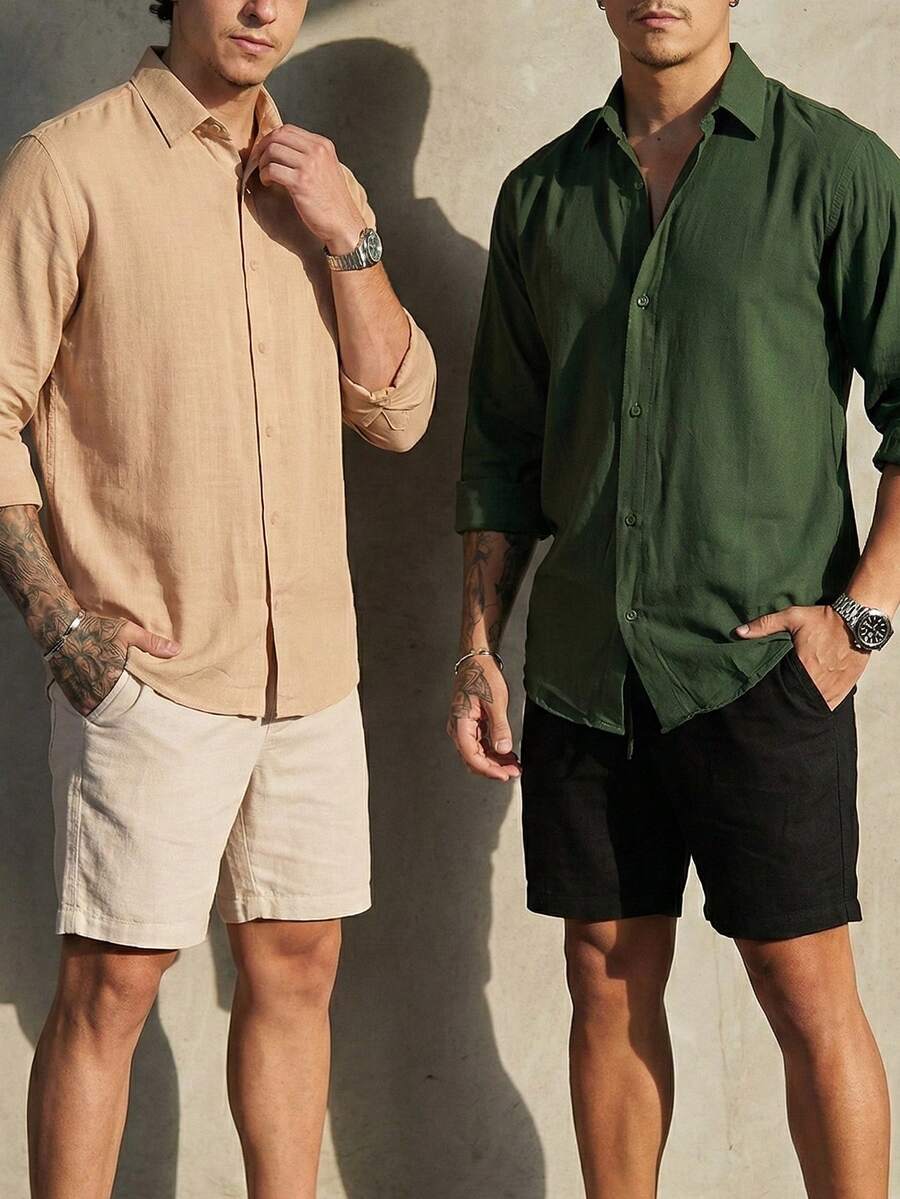 Set Of 2 Men's Long-Sleeved Linen Dress Shirts, Old Money Style, Viscose Linen, Cool, Casual, Italian Collar, Elegant - 綠色/棕色 - 查看 1