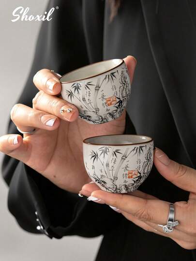 shoxil 1/2pcs Bamboo Print Handheld Tea Cup, Tea Cup, Water Cup, Suitable For Home, Tea House, Gathering