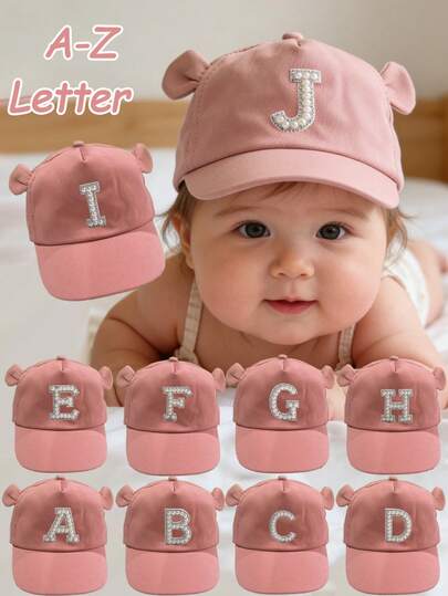 1顶A-Z字母珍珠水钻装饰柔软透气可调节可爱熊耳棒球帽，适合6个月至3岁幼儿，春夏户外活动