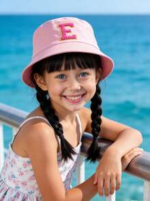 1pc A-Z Letter Print Sun Hat, Kids Bucket Hat Unisex Beach Hat UV Protection - Pink - View 2