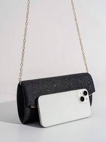 Women's Glitter Envelope Clutch, Sparkly Evening Party Handbag With Gold Chain Strap & Metallic V Detail, Prom Wedding Banquet Shoulder Crossbody Bag - 黑色 - 查看 5